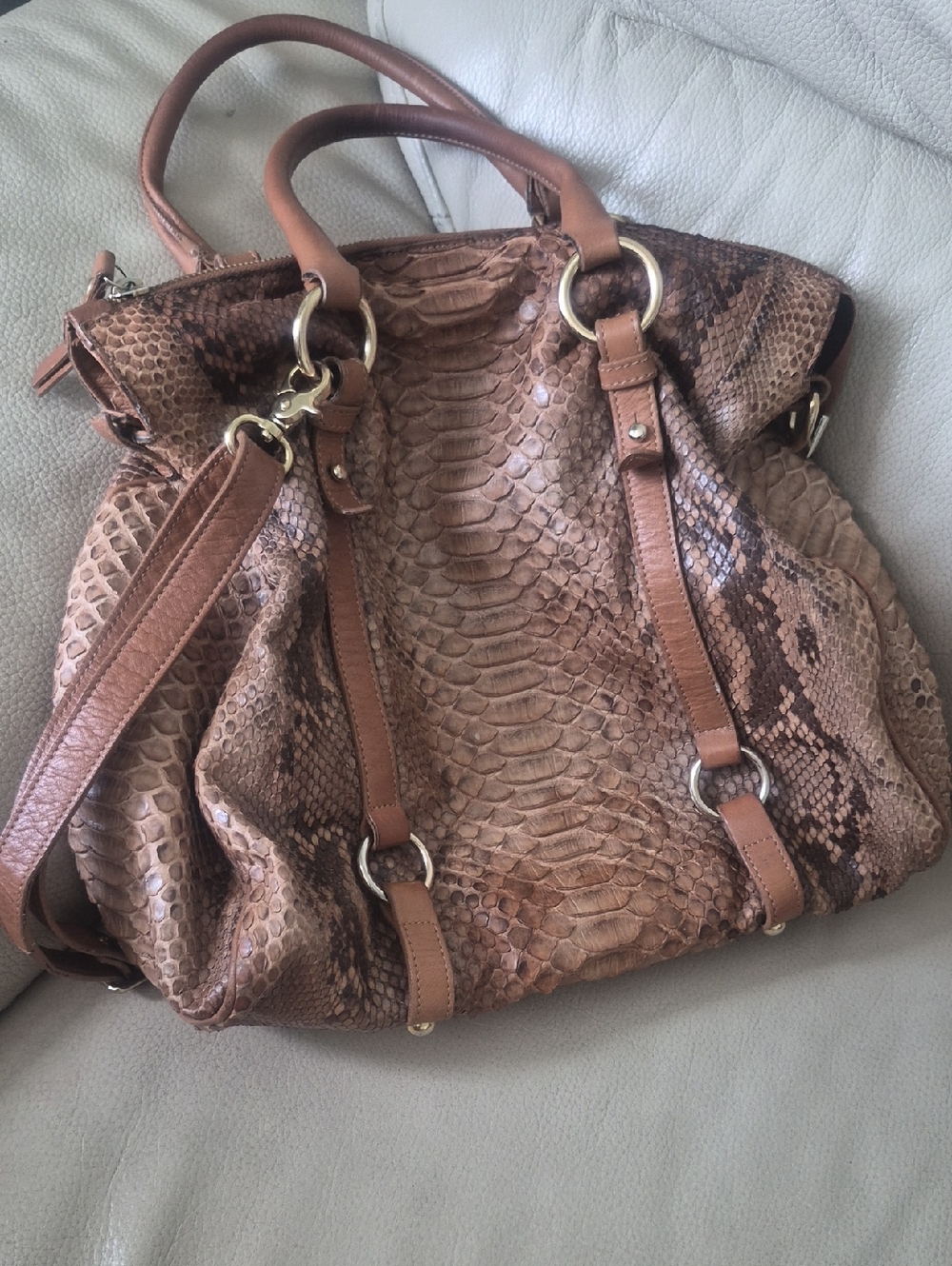 Textured Brown Snakeskin-Effect Tote Bag with Top Handles